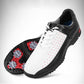 Men's golf sneakers, black and white uppers with lace-up closure and red-speckled design