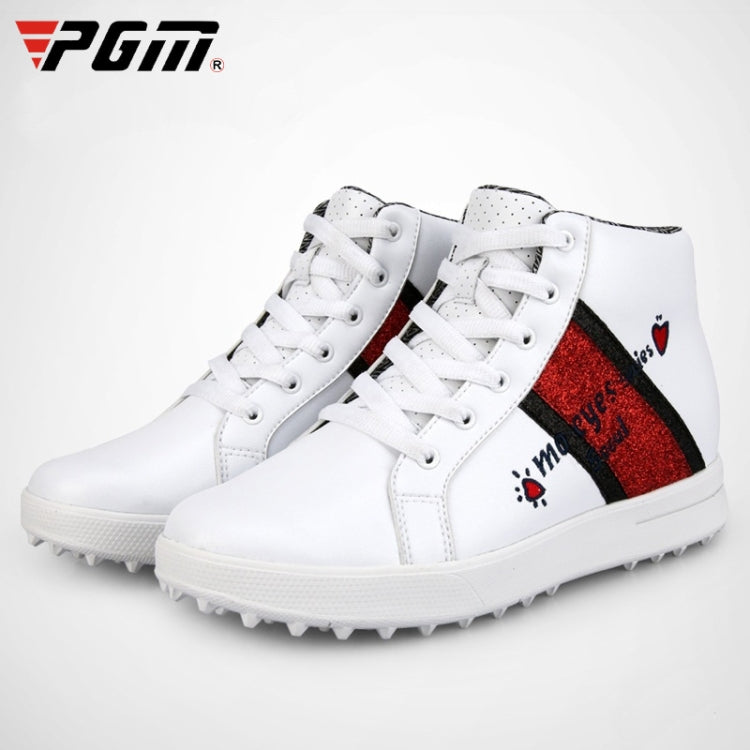White lace-up high-top sneakers for women with golf outsole and red side stripe