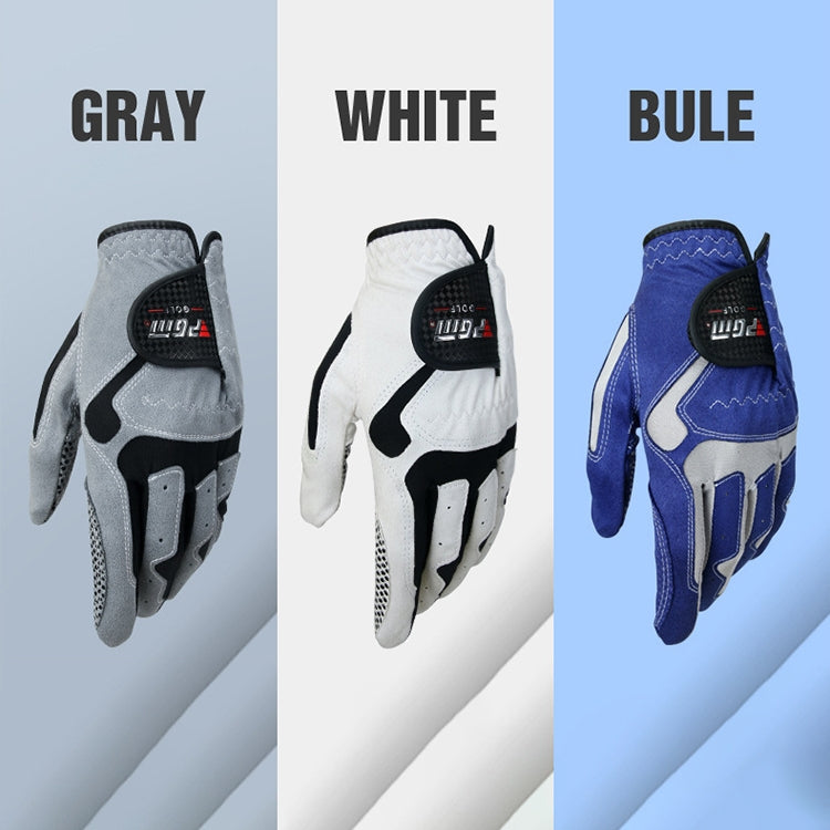 Assorted golf gloves shown in gray, white, and blue with anti-slip palm patch