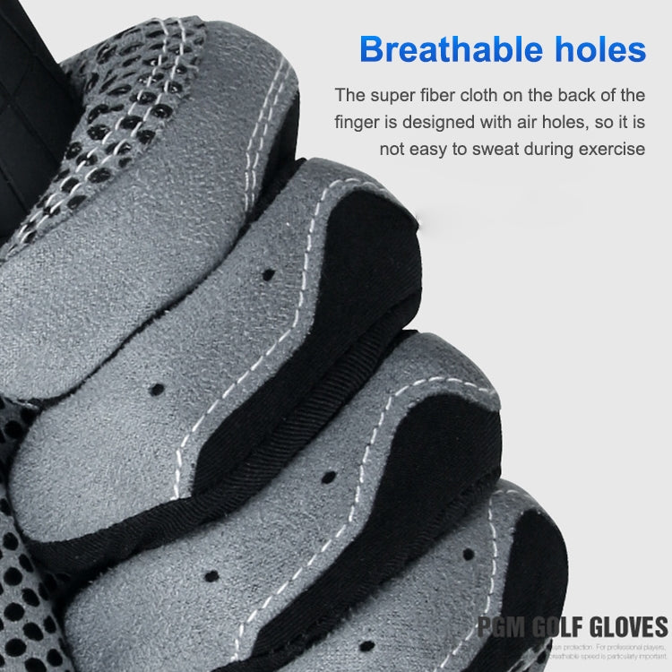 Gray golf glove back with breathable perforations and cushioned knuckle padding