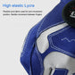 Blue and gray golf glove with flexible Lycra panel and stitched finger seams