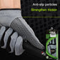 Gray golf glove with textured palm dots and anti-slip grip on hand