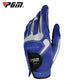 Blue and light gray left-hand golf glove with anti-slip palm grip patch and stitched seams