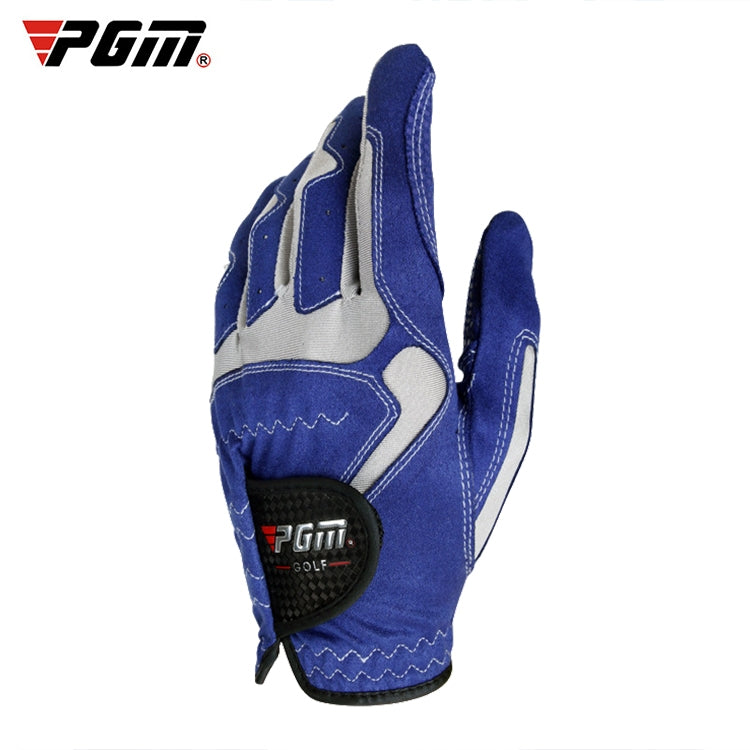 Blue and light gray left-hand golf glove with anti-slip palm grip patch and stitched seams