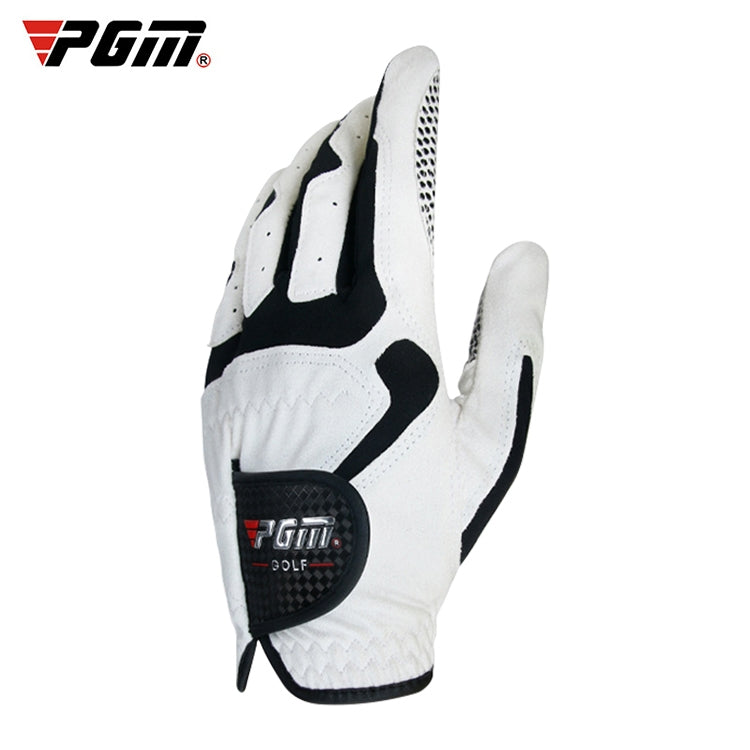 White left-hand golf glove with textured anti-slip palm patch and separate finger grip pads