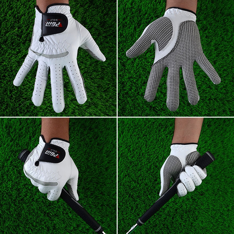 White men’s golf sheepskin glove set with anti-slip grip, perforated fingers, cuff detail