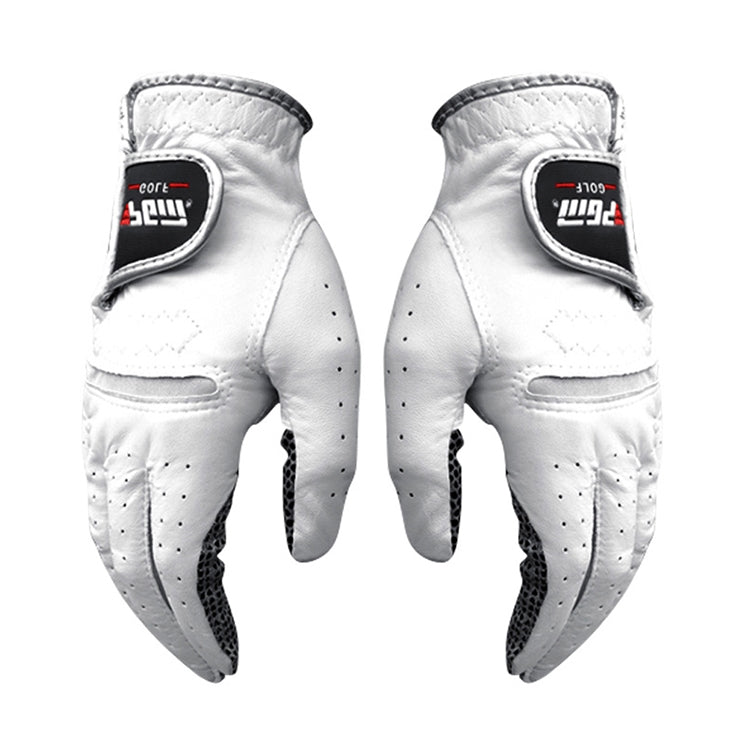 Pair of white sheepskin golf anti-slip gloves with black wrist strap