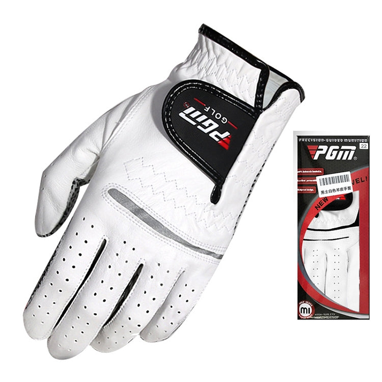 White sheepskin golf glove with black Velcro wrist strap and perforated fingers