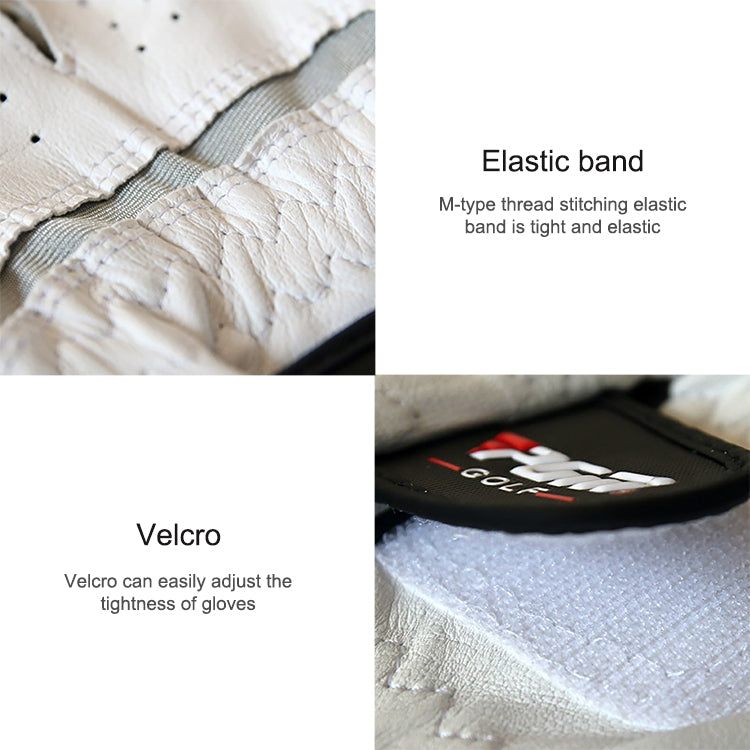 White golf glove detail showing elastic band and Velcro wrist closure