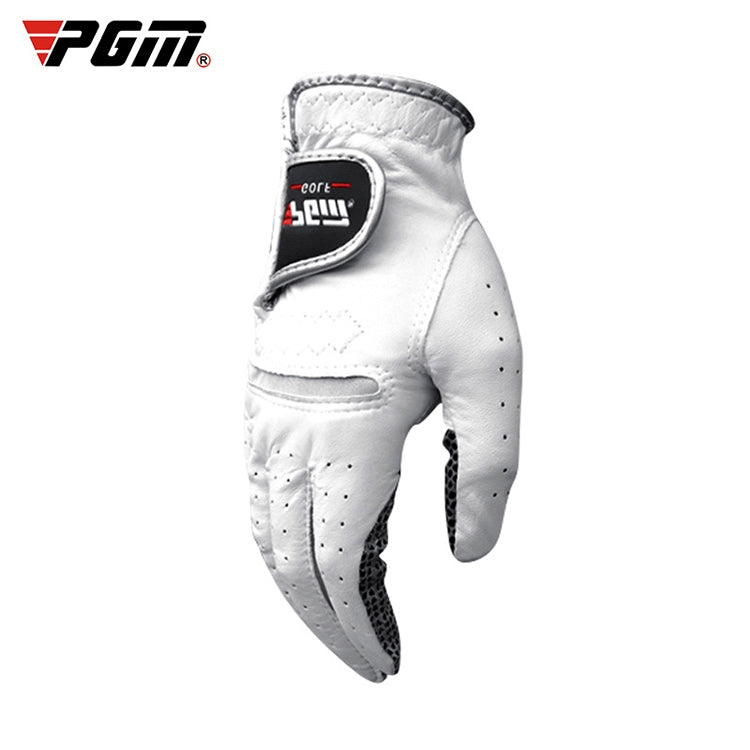 White golf glove with anti-slip palm and black interior grip at the fingertips