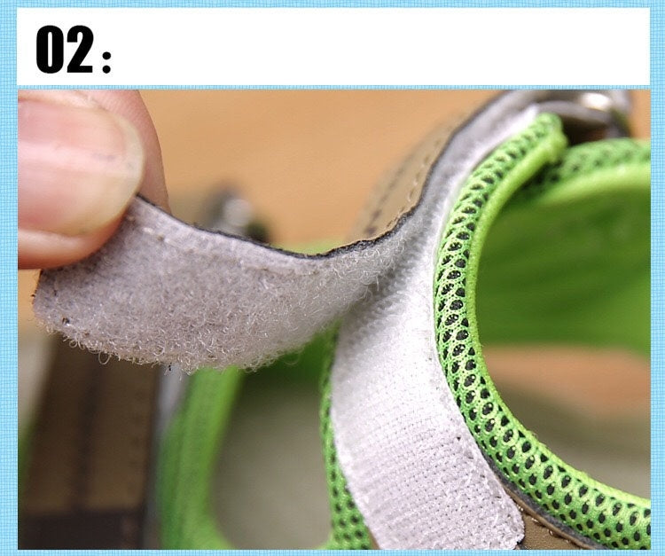 Kids sandal lining close-up with perforated green foam insert and stitched edge