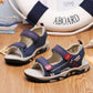 Children's dark blue sport sandals with hook-and-loop straps, mesh panels, cushioned sole