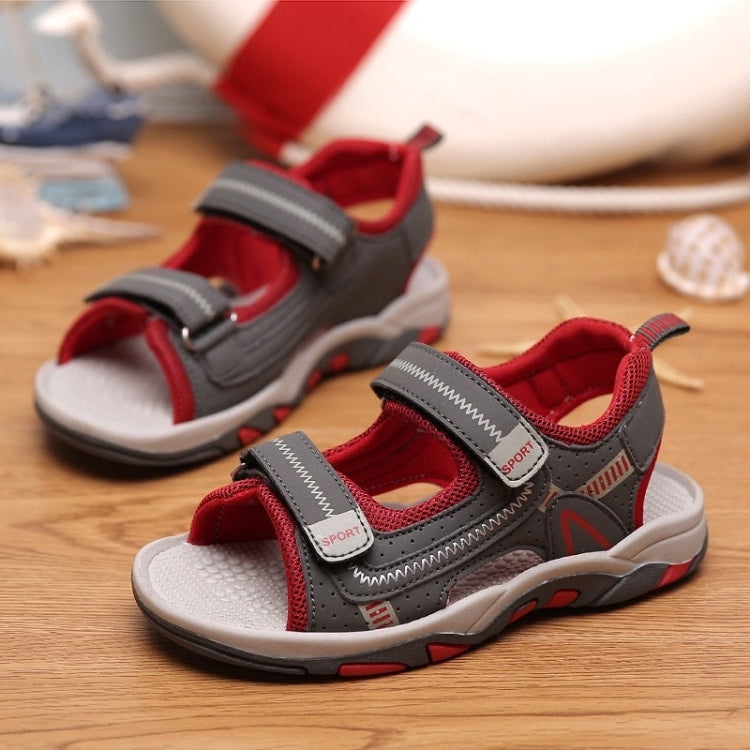 Children's breathable lightweight sandals in red and gray with hook-and-loop straps