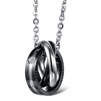 Black interlocking ring couple necklace pendant with clear crystal and silver chain