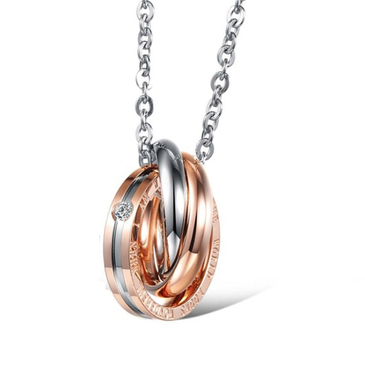 Rose gold interlocking ring pendant necklace with clear crystal and silver chain