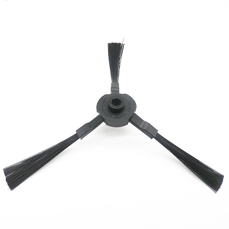 Robot vacuum side brush with three black bristle fins and central circular mount