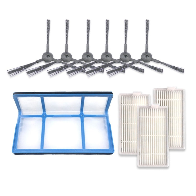 Robot vacuum side brush set with five side brushes, blue bin, and white filter pieces