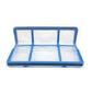 Blue multi-pocket filter frame with white filter inserts