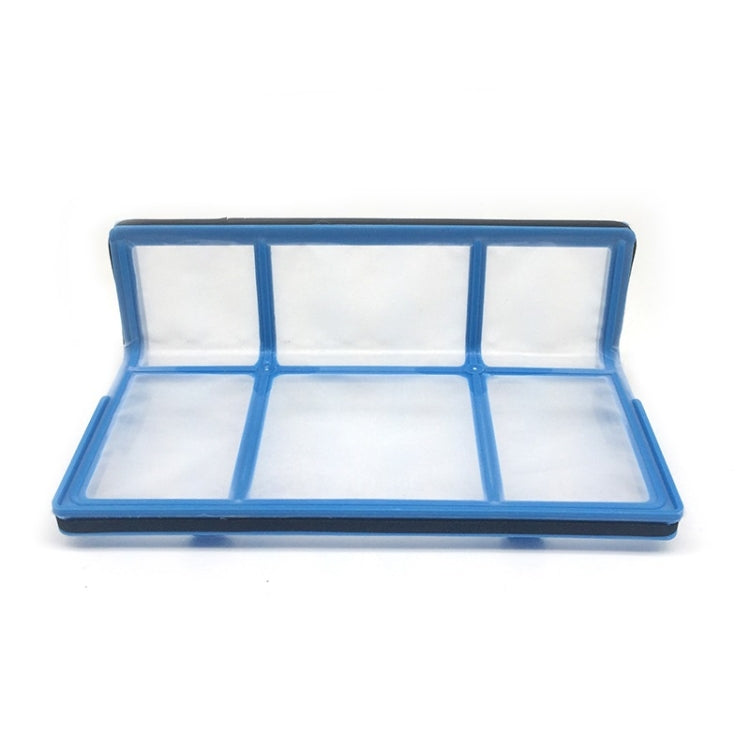 Blue multi-pocket filter frame with white filter inserts