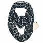 Leopard print infinity scarf, black and gray leopard pattern with red accents, looped