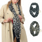 Leopard print infinity scarf, black and tan, worn over a knit top with phone tag