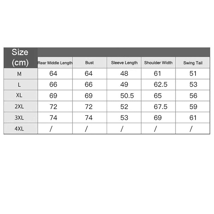 Men’s multi-pocket jacket size chart (M–XXXL) with measurements in cm.