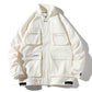 White casual jacket with hood, front zip, and large chest and sleeve pockets