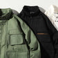 Green, black, and white loose zip jackets with hood and flap chest pockets