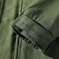 Green corduroy-style jacket sleeve cuff with rib trim and stitched seam