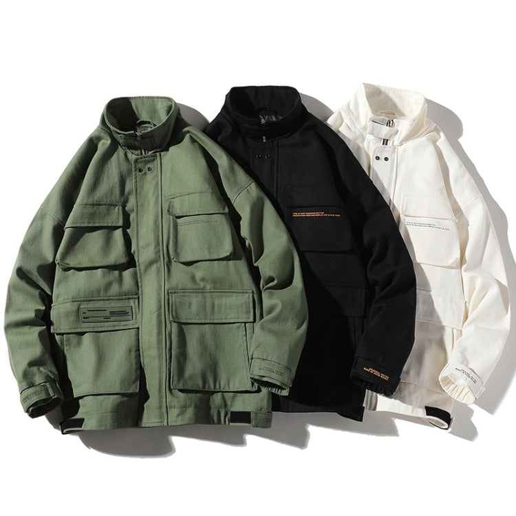 Set of green, black, and white multi-pocket hooded zip jackets