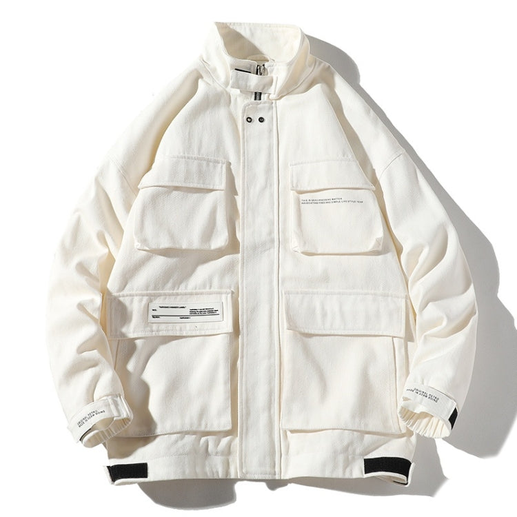 White utility jacket, front zip with large flap pockets and ribbed cuffs.