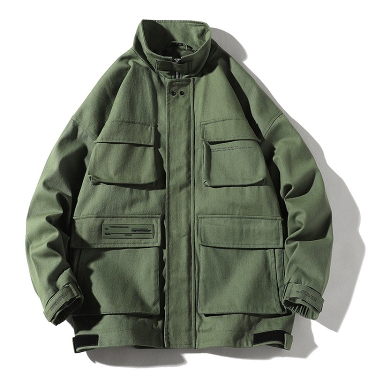Green hooded zip-up jacket with flap multi-pockets and adjustable cuffs.