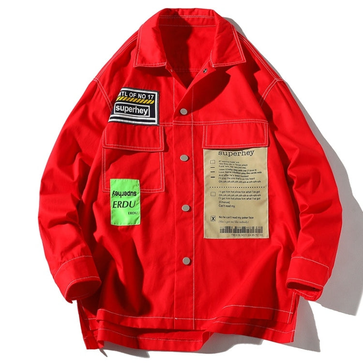 Men's red long-sleeve shirt jacket, button-up front with chest labels and flap pockets