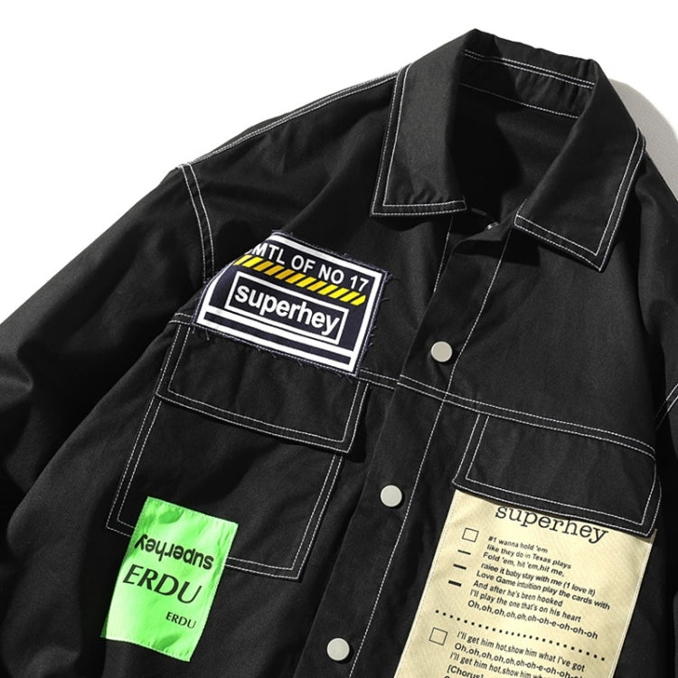 Men's black long-sleeve shirt jacket with button front and chest patch accents