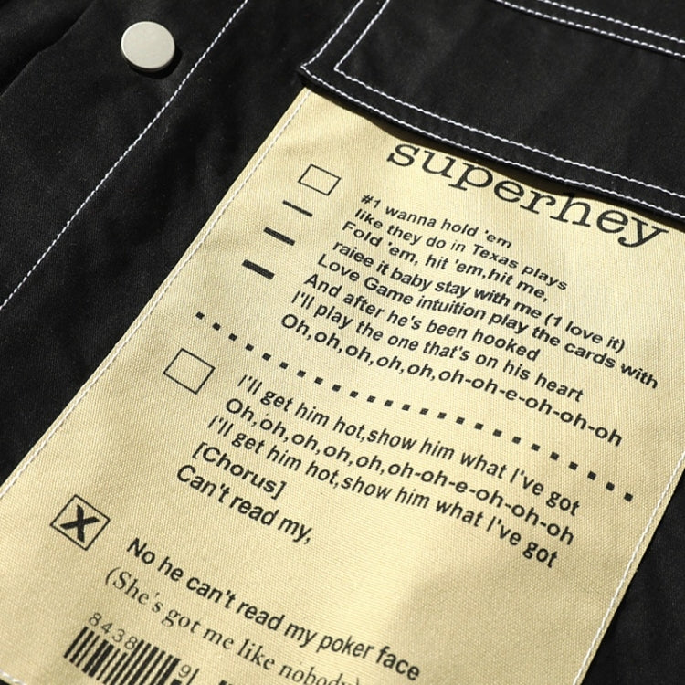 Men's black shirt jacket with beige printed fabric label on the chest panel