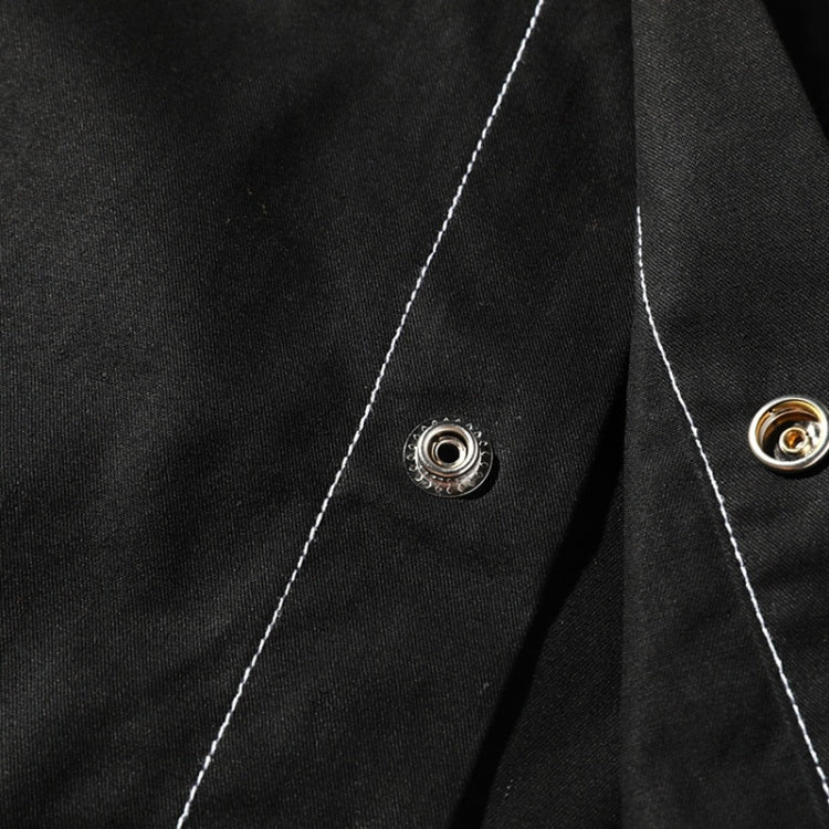Men's black shirt jacket with metal snap buttons on the front placket