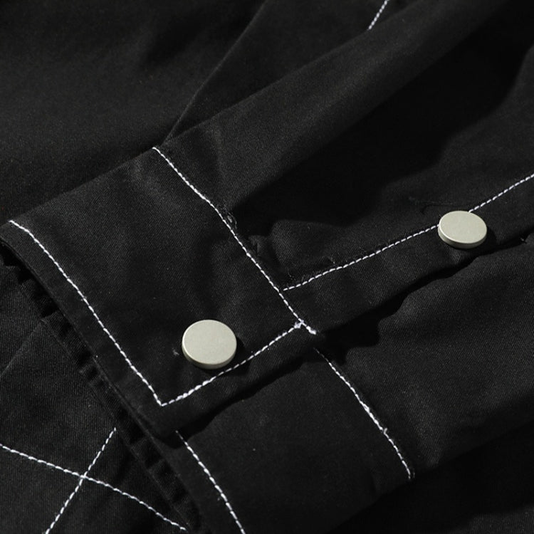 Men's black shirt jacket with snap buttons and contrast-stitched seams on placket