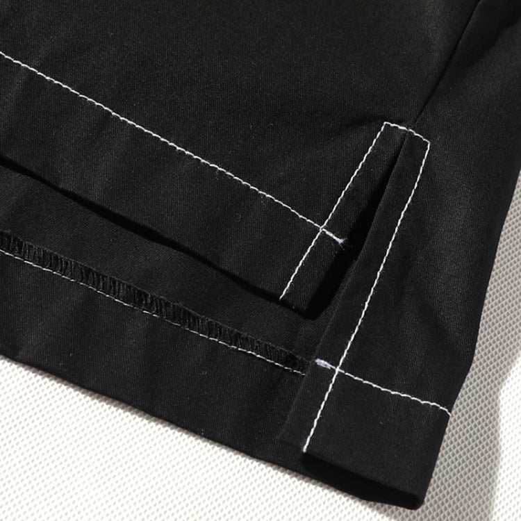 Men's black shirt jacket hem with contrast stitching and stitched inner placket