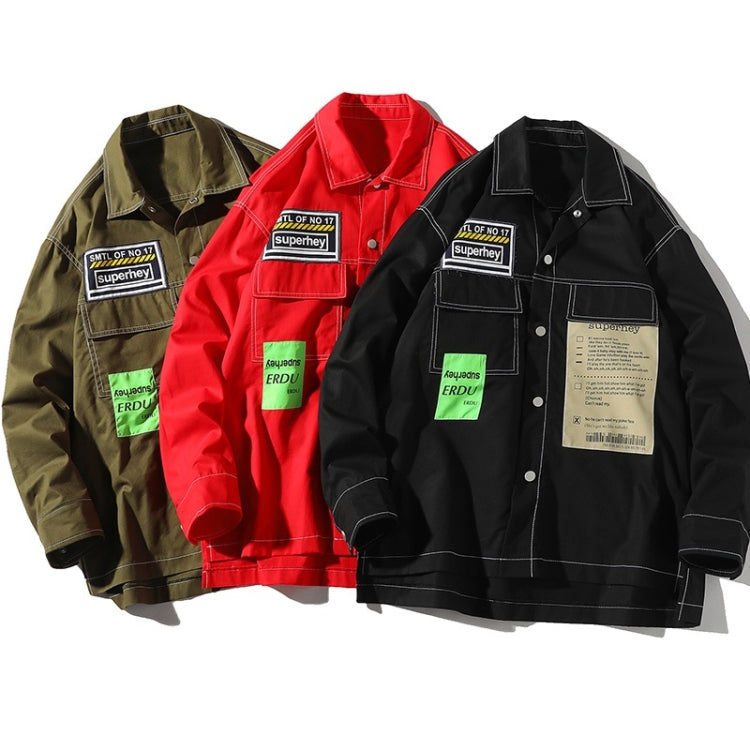 Men's shirt jackets in red, army green, and black with button front and chest patches