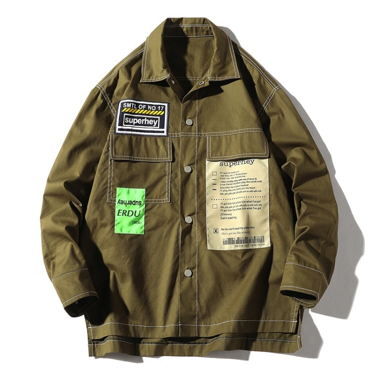 Men's army green long-sleeve shirt jacket, point collar, snap buttons, chest flap pockets