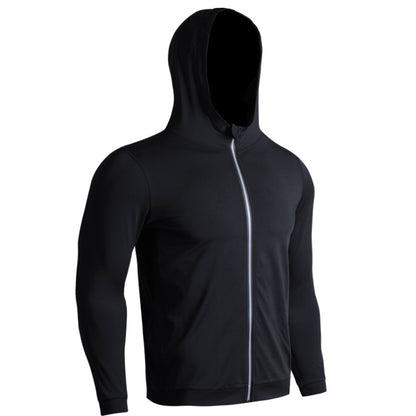 SIGETU men hooded zip coat, black, full front zipper and long sleeves