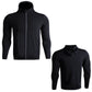 SIGETU men hooded zip coat, black, front view with hood and zipper