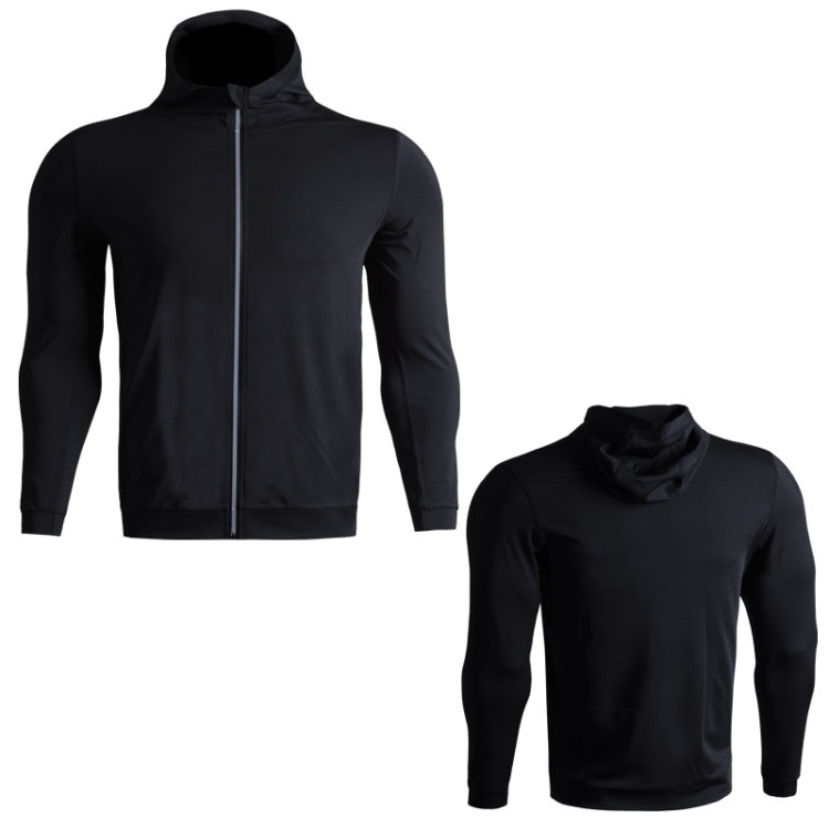 SIGETU men hooded zip coat, black, front view with hood and zipper