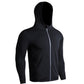 SIGETU men hooded zip coat, black, front view with silver-trimmed zipper