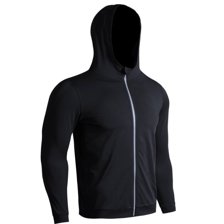 Men's black hooded zip-up sport jacket, front zipper closure, long sleeves