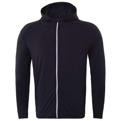 Men's black zip-up sports coat with attached hood and full-length zipper