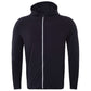 Men's black hooded sports jacket with long sleeves and white-trim center zipper
