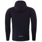 Men's black hooded sports coat, back view with small logo near hem