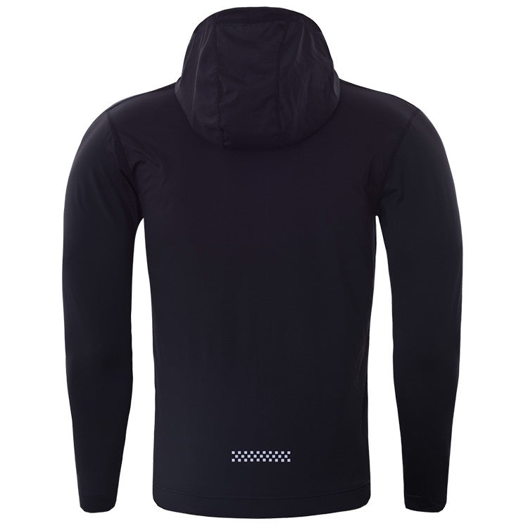 Men's black hooded sports coat, back view with small logo near hem