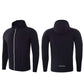 Men's black hooded zip sports coat shown from front and back
